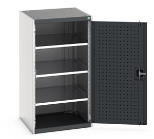 Heavy Duty Bott cubio cupboard with perfo panel lined hinged doors. 650mm wide x 650mm deep x 1200mm high with 3 x100kg capacity shelves.... Bott Tool Storage Cupboards for workshops with Shelves and or Perfo Doors